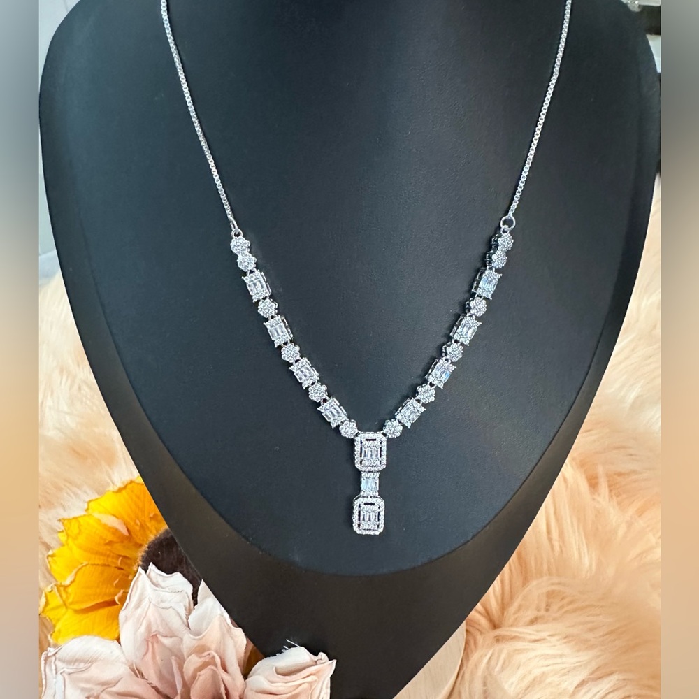 Baguette and Emerald Cut Diamond Accent Necklace Silver With Toggle Accent NEW!